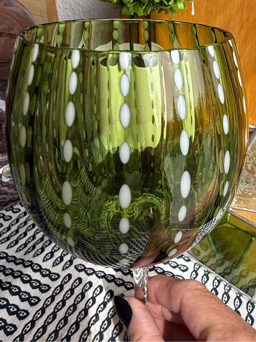 Green Dot Pattern Decorative Glass Goblet - Home Accents